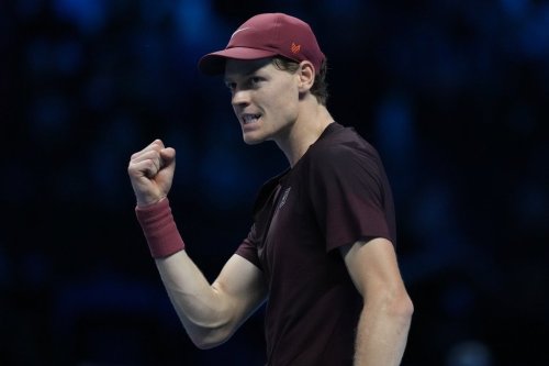 Italy's Jannik Sinner reacts during the final tennis match of the ATP World Tour Finals against Spain's Carlos Alcaraz in Turin, Italy, Sunday, Nov. 16, 2025. (AP Photo/Antonio Calanni)