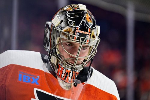 FILE - Philadelphia Flyers' goaltender Carter Hart in action during an NHL hockey game against the Colorado Avalanche, Jan. 20, 2024, in Philadelphia. (AP Photo/Derik Hamilton, File)