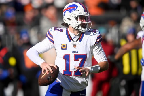 Buffalo Bills quarterback Josh Allen looks to throw against the Cleveland Browns during the first half of an NFL football game in Cleveland, Sunday, Dec. 21, 2025. (AP Photo/David Richard)