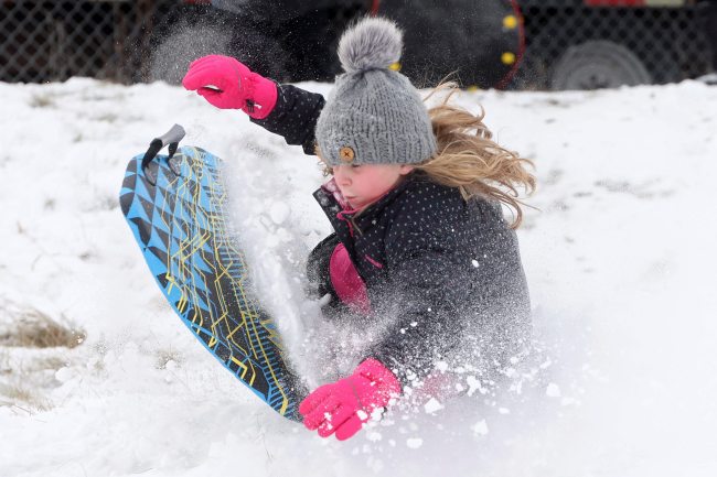Dylan Druwe falls into the snow as she sleds at Rideau Park with family and friends on a crisp Monday afternoon. (Tim Smith/The Brandon Sun)