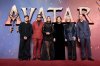 From left, Jamie Flatters, Jemaine Clement, Oona Castilla Chaplin, Sigourney Weaver, Stephen Lang and David Thewlis pose for photographers upon arrival at the UK premiere for the film 