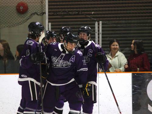 Vincent Massey Vikings forward Vaughn McLeod celebrates with his teammates after scoring a goal en route to a 11-0 victory over the Crocus Plainsmen at Enns Brothers Arena on Sunday, Oct. 19. (Massimo De Luca-Taronno/The Brandon Sun)
