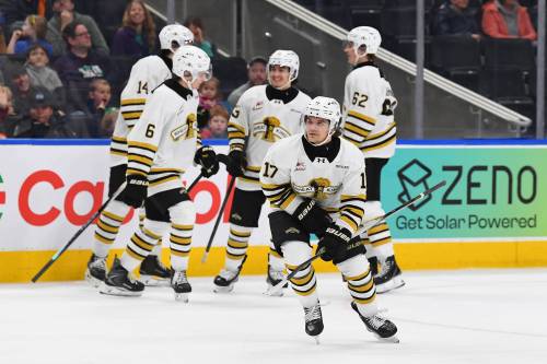 Joby Baumuller celebrates scoring the game&rsquo;s opening goal in the first period as the visiting Brandon Wheat Kings beat the Edmonton Oil Kings 4-2 in Western Hockey League action at Rogers Place on Sunday. Baumuller scored twice for the third game in a row. (Andy Devlin/Edmonton Oil Kings)
                                Dec. 14, 2025