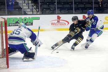Brandon Wheat Kings forward Joby Baumuller (17), a first-round pick by the team in 2022, has blossomed into stardom this season with 24 goals in the first half of the season: His previous season high was 18. He is shown skating in on Swift Current Broncos goalie Joey Rocha (35) as Parker Rondeau (17) tries to stop him during a game at Assiniboine Credit Union Place on Nov. 5. (Tim Smith/The Brandon Sun)
