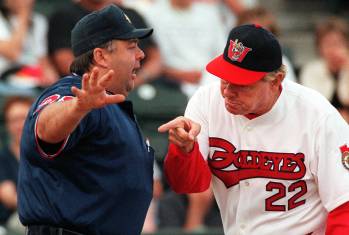 In this photo from 1999, umpire Ron Shewchuk is seen at a Winnipeg Goldeye&rsquo;s game. The Minnedosa native was honoured with the Mitch Ball Memorial Award for umpire of the year in the Western Canadian Baseball League. (File)