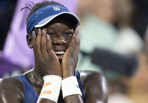 Canada's Victoria Mboko reacts following her win over Naomi Osaka of Japan in the National Bank Open final in Montreal on Aug. 7, 2025. THE CANADIAN PRESS/Christinne Muschi