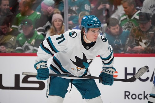 San Jose Sharks center Macklin Celebrini (71) in the second period of an NHL hockey game Wednesday, Nov. 26, 2025, in Denver. (AP Photo/David Zalubowski)