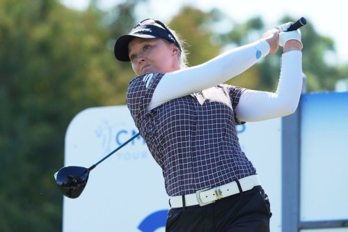 Brooke Henderson of Canada hits from the second tee during the third round of the LPGA Tour Championship golf tournament, Saturday, Nov. 22, 2025, in Naples, Fla. (AP Photo/Marta Lavandier)