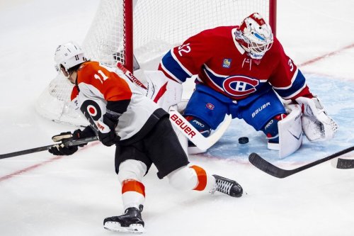 Montreal Canadiens goaltender Jacob Fowler (32) makes a save on Philadelphia Flyers' Travis Konecny (11) during second period NHL hockey action in Montreal on Tuesday, Dec. 16, 2025. THE CANADIAN PRESS/Christopher Katsarov