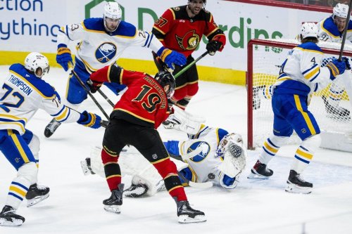 Ottawa Senators' Drake Batherson (19) takes a shot on Buffalo Sabres goaltender Alex Lyon (34) during third period NHL hockey action in Ottawa, on Tuesday, Dec. 23, 2025. THE CANADIAN PRESS/Spencer Colby