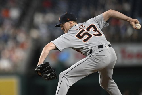 Detroit Tigers pitcher Chase Lee (53) throws during the seventh inning in the second baseball game of a doubleheader against the Washington Nationals in Washington, Wednesday, July 2, 2025. (AP Photo/Terrance Williams)