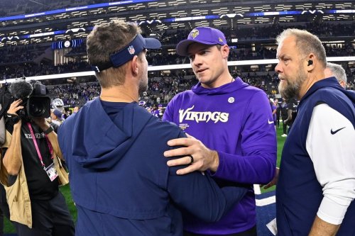 Minnesota Vikings head coach Kevin O'Connell, right, greets Dallas Cowboys head coach Brian Schottenheimer after an NFL football game Sunday, Dec. 14, 2025, in Arlington, Texas. The Vikings won, 34-26. (AP Photo/Jerome Miron)