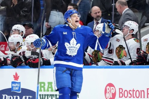 Toronto Maple Leafs forward Dakota Joshua (81) celebrates his go-ahead goal during third period NHL hockey action against the Chicago Blackhawks, in Toronto, Tuesday, Dec. 16, 2025. THE CANADIAN PRESS/Nathan Denette