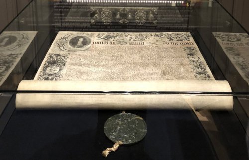 The 1670 royal charter signed by King Charles II establishing Hudson's Bay, is shown on display at the Manitoba Museum where it was lent to be displayed alongside its permanent collection of Hudson's Bay artifacts, in this 2020 handout photo. THE CANADIAN PRESS/Handout -  Manitoba Museum (Mandatory Credit)