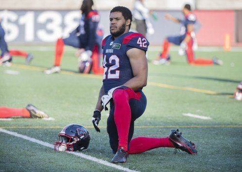 Montreal Alouettes' Tyrell Richards warms up before a CFL pre-season football game against the Ottawa Redblacks in Montreal, Friday, June, 3, 2022. THE CANADIAN PRESS/Graham Hughes