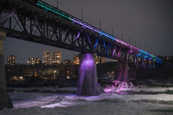 Edmonton's High Level Bridge is seen lit up for New Year's Eve in Edmonton, Thursday, Dec. 31, 2020. THE CANADIAN PRESS/Amber Bracken