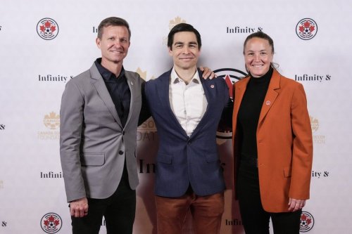 Canada men’s soccer national team head coach Jesse Marsch (left to right), Canada Soccer CEO and General Secretary Kevin Blue and Canada women’s national soccer team head coach Casey Stoney are photographed in Toronto on Monday, March 3, 2025. THE CANADIAN PRESS/Chris Young