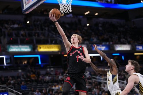 Toronto Raptors guard Gradey Dick (1) in action as the Toronto Raptors played the Indiana Pacers in an NBA basketball game in Indianapolis, Wednesday, Jan. 14, 2026. (AP Photo/AJ Mast)