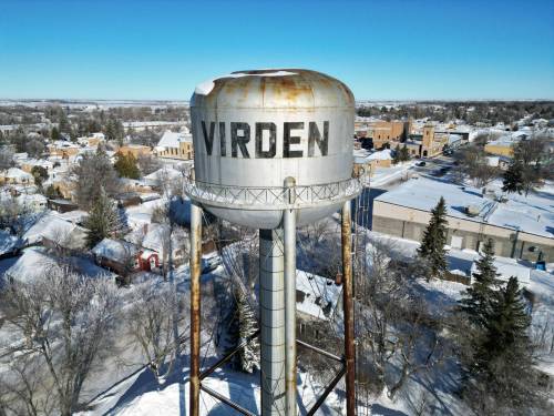 The historic water tower in Virden looms above the town on a sunny Wednesday.