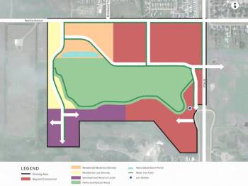A screenshot of a map of the South Village Neighbourhood in south Brandon. The red section will be developed for commercial uses. Orange is moderate-density homes, yellow is low-density homes and green is for a retention pond and green space. (Supplied)