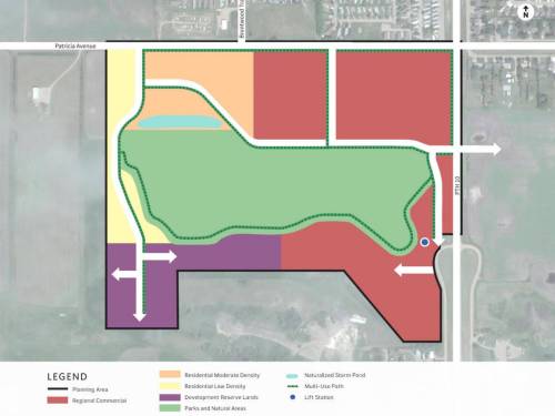 A screenshot of a map of the South Village Neighbourhood in south Brandon. The red section will be developed for commercial uses. Orange is moderate-density homes, yellow is low-density homes and green is for a retention pond and green space. (Supplied)