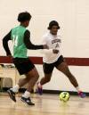 Deion Grant dribbles during Assiniboine College men&rsquo;s futsal practice on Tuesday. (Thomas Friesen/The Brandon Sun)