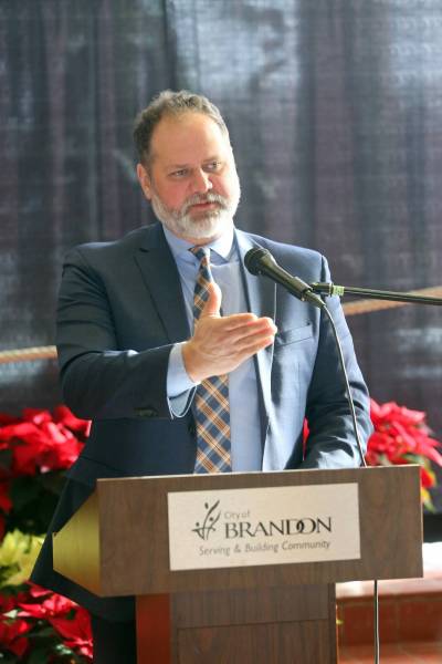 Manitoba Justice Minister Matt Wiebe gestures during a press conference at Brandon City Hall on Friday morning. Wiebe said the modern upgrades at the Dauphin courthouse have made it a safer and more welcoming place. (Matt Goerzen/The Brandon Sun)