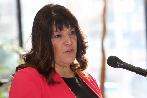Housing, Addictions and homelessness Minister Bernadette Smith addresses a small crowd on Friday morning during a press conference at Brandon City Hall. (Photos by Matt Goerzen/The Brandon Sun)