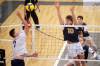 Matthew Siebenga (10) of the Brandon Bobcats leaps to block an attack by Kaden Schmidt (7) of the Trinity Western Spartans during university men&rsquo;s volleyball action at the Health Living Centre on Friday. (Tim Smith/The Brandon Sun)