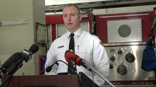 Assistant Deputy Chief Justin Lallemand of Edmonton Fire Rescue Services speaks at a news conference in Edmonton, on Friday, Jan. 16, 2026. THE CANADIAN PRESS/Daniela Germano