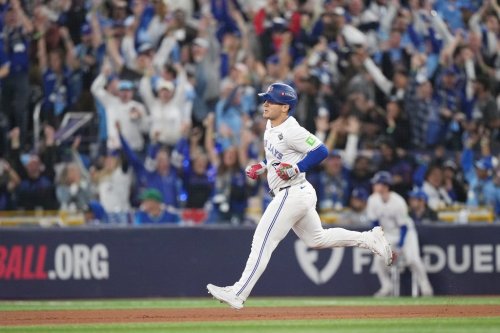 Blue Jays outfielder Daulton Varsho rounds the bases after hitting a two-run homer against the Los Angeles Dodgers during Game 1 of the World Series against the Los Angeles Dodgers in Toronto on Oct. 24, 2025. THE CANADIAN PRESS/Nathan Denette