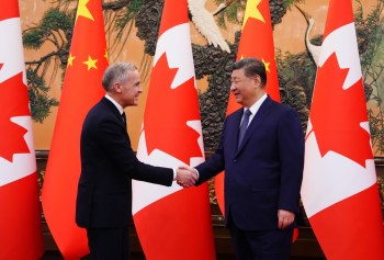 Prime Minister Mark Carney meets with President of China Xi Jinping at the Great Hall of the People in Beijing, China on Friday. (The Canadian Press)