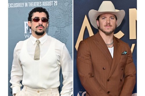This combination of photos shows Bad Bunny at the premiere of 
