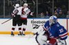 Ottawa Senators' Brady Tkachuk, center, celebrates with teammate Thomas Chabot, left, after scoring a goal as New York Rangers goaltender Jonathan Quick (32) looks away during the first period of an NHL hockey game Wednesday, Jan. 14, 2026, in New York. (AP Photo/Frank Franklin II)