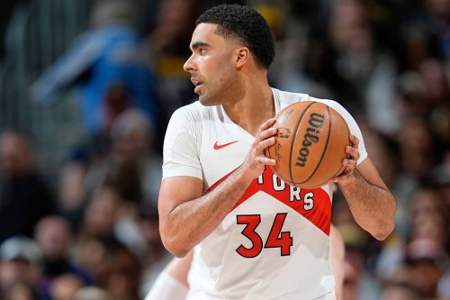 FILE - Toronto Raptors' Jontay Porter (34) looks to pass during the first half of an NBA basketball game, Monday, March 11, 2024, in Denver. (AP Photo/David Zalubowski, File)