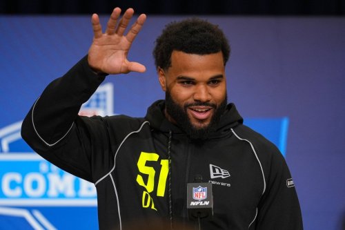 Miami defensive lineman Akheem Mesidor (51) speaks during a press conference at the NFL football scouting combine in Indianapolis, Wednesday, Feb. 25, 2026. (AP Photo/Michael Conroy)
