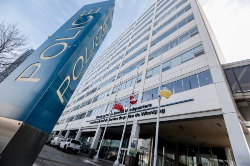 Winnipeg Police Service headquarters were temporarily closed to the public due to flooding after vandals opened an emergency water valve in a stairwell of the downtown office tower on Saturday evening. (John Woods/Winnipeg Free Press)