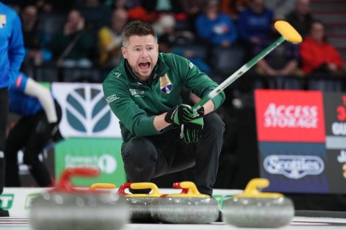 Skip Mike McEwen yells directions from the house during Canadian Olympic curling trials action against Team Dunstone in Halifax on Wednesday, November 26, 2025. THE CANADIAN PRESS/Darren Calabrese
