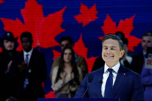 Conservative Party Leader Pierre Poilievre, delivers his keynote address at the party&rsquo;s national convention in Calgary on Friday, where he easily cleared his leadership review. (The Canadian Press)