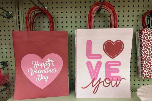 Valentine&rsquo;s Day gift bags are displayed last month at a retail store in Lincolnshire, Ill. (The Associated Press files)