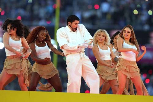 Bad Bunny performs during the halftime show of Super Bowl LX in Santa Clara, Calif., on Sunday. He is a vocal critic of the Trump administration. (The Associated Press)