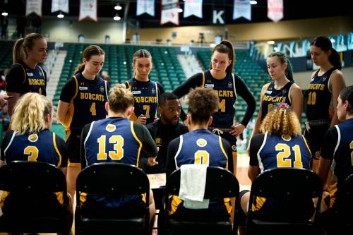 The Brandon University Bobcats lost 86-70 to the UBC Okanagan Heat in the first round of the Canada West women&rsquo;s basketball playoffs in Regina on Friday. (Photo courtesy Arthur Images)