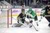 Goalie Jayden Kraus (33) of the Brandon Wheat Kings and Alisher Sarkenov (24) of the Prince Albert Raiders eye the puck during WHL action at Assiniboine Credit Union Place on Friday evening. (Tim Smith/The Brandon Sun)