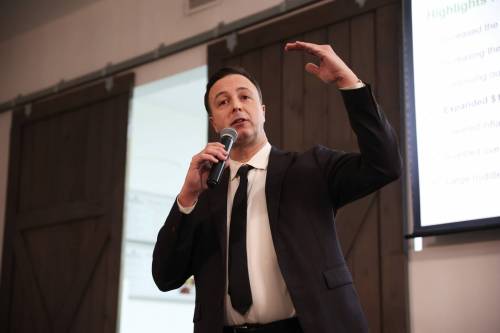 Manitoba Finance Minister Adrien Sala speaks during a pre-budget consultation at The Backyard on Aberdeen in Brandon on Friday evening. (Photos by Tim Smith/The Brandon Sun)