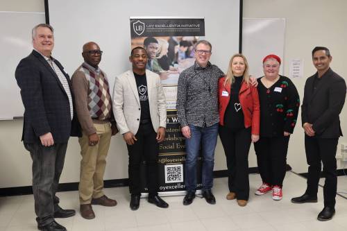 Brandon West MLA Wayne Balcaen (from left) joins Brandon University professor Balfour Spence, Loy Excellentia founder Aloy Anyichie, BU vice-president (academic) Greg Gatien, BU associate professor Burcu Ntelioglou, faculty of education dean Alysha Farrell and Westman Immigrant Services chief executive officer Enver Naidoo at Brandon University on Saturday afternoon as the Loy Excellentia Initiative hosted its annual Black History Month celebration.