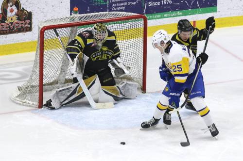 Saskatoon Blades forward Triston Mitchell-McElhone (25) tries to get a stick on a rebound as Brandon Wheat Kings goalie Jayden Kraus (33) watches and defenceman Cameron Allard (6) tries to tie him up during Western Hockey League action at Assiniboine Credit Union Place on Monday afternoon. (Perry Bergson/The Brandon Sun)