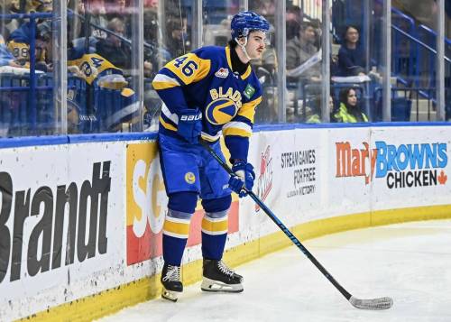 Kaden Allan (46) has played eight games with the Saskatoon Blades since joining the team in mid-December after he battled an injury. (Steve Hiscock/Saskatoon Blades)
