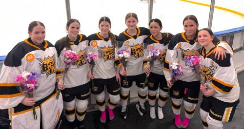 Brandon Wheat Kings seniors Alana Champagne, from left, Brittyn DeVlieger, Shayla Duncalfe, Madelyn Oldcorn, Chelsea Sun, Joee McKay, and Cora McBeth pose after winning their last U15 AAA regular season game against the Pembina Valley Hawks 4-0 last Saturday at the Sportsplex. (Submitted)