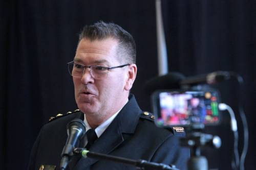 Brandon Police Service Chief Tyler Bates speaks during a press conference in the foyer of Brandon City Hall earlier this year. (Matt Goerzen/The Brandon Sun files)