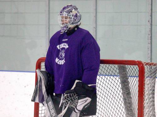 Vincent Massey Vikings starting netminder Hunter Gregory waits for a shot on net during team practice at the Sportsplex on Friday afternoon. He has the nod for Game 1 against the Huskies at the Sportsplex on Sunday. (Massimo De Luca-Taronno/The Brandon Sun)